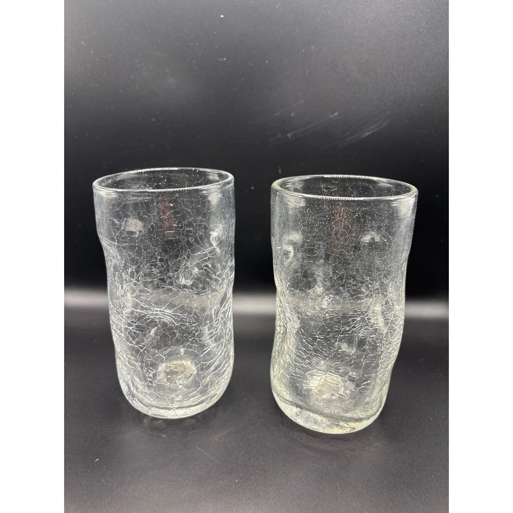Set of 2 Hand Blown Clear Crackle Glass Tumblers Organic Wavy Shape Highball